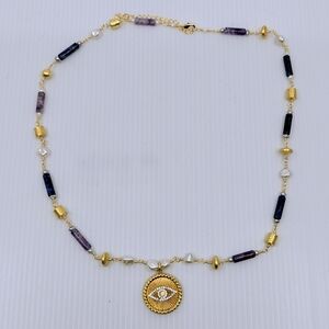Handmade Gold-Plated Necklace with Pearls, Amethyst, and Evil Eye Pendant